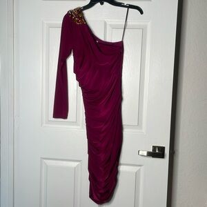 Cache Jeweled One-Shoulder Long Sleeve Mini Dress